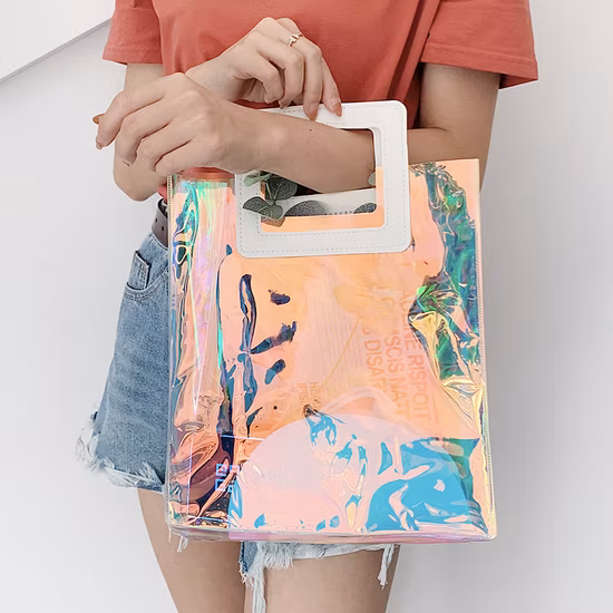 Hotsale PVC-transparente Laser-ganz eigenhändig geschriebe Geschenkhandtasche mit Ledergriff