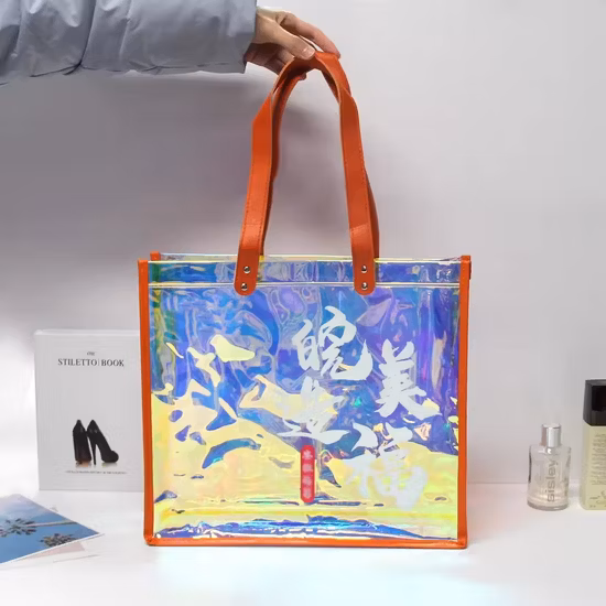 Transparente Einkaufstaschen aus PVC mit individuellem Logo-Druck und transparenten Einkaufstaschen mit Reißverschlusstaschen. Einkaufstasche aus transparentem PVC