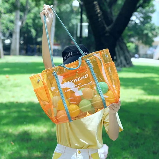 Wasserdichte, halbtransparente Tragetasche aus PVC mit Streifen, Strand-Umhängetasche, große PVC-Arbeitstasche, transparente Handtaschen